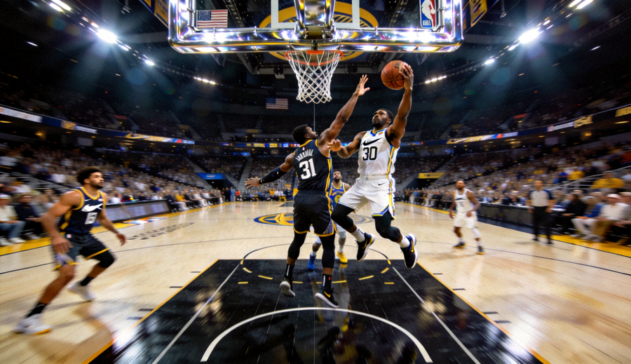 NBA总决赛篮球馆内球员突破上篮与防守对抗的高强度比赛场景